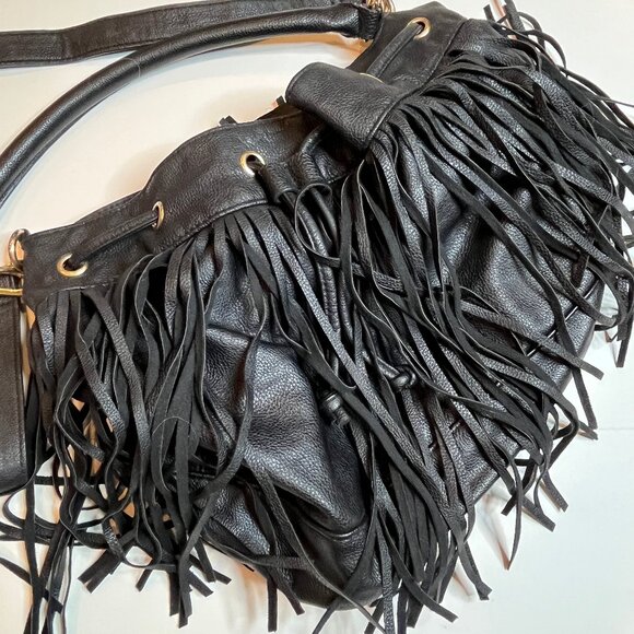 H&M Black Leather Fringe Bucket Bag Handbag Crossbody Boho Carry-All Drawstring - Picture 3 of 12